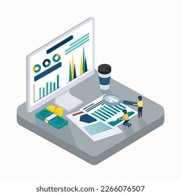 Businessman analyzing data on paper and computer. They may be reviewing financial reports, market trends to decide the direction and strategy of the company. Vector 3D illustration.
