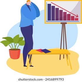 Businessman analyzing declining graph, worried about financial loss. Office setting with a plant and documents. Corporate challenges vector illustration.