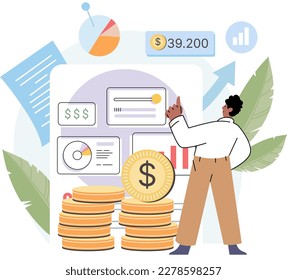 Businessman analyzing financial balance, wealth investment, personal or corporate budget. Revenue growth concept. Man analyzes sales statistics. Entrepreneur makes big profit. Competent investment