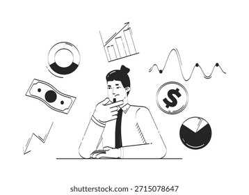 Geschäftsmann Analyse Finanzdaten Trends doodle line Illustration Konzept. Investitionsplanung. Wirtschaftsprognosen. Marktforschung 2D-Umrisszeichen isoliert. Handgezeichnete Tintenmetapher Schwarzweiß