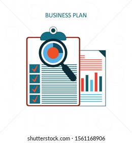 Businessman analyzing financial document using magnifying glass top view