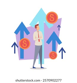 Businessman analyzing financial growth vector illustration. Male cartoon character with folded arms looking at huge growing arrows and coins. Business, analysis, income increase, finance concept