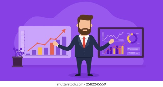 businessman analyzing financial performance graphs vector illustration with purple background