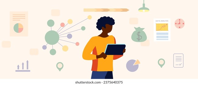 Empresario analizando documentos de datos de estadísticas financieras del departamento de finanzas. portátil, nota. Cálculo de ingresos y gastos. Dibujo vectorial plano de dibujos animados