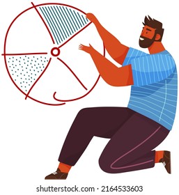 Businessman analyzing graph, analyst makes presentation. Data science concept. Pie chart and diagram. Person works with business system, organizing data, analyzing statistics, success report