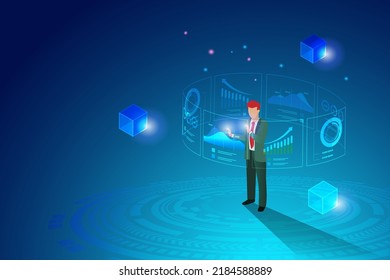 Geschäftsmann analysieren Graphendiagramm und Blockkettennetz verbinden. Globale Unternehmensentwicklung, digitales Marketing, Finanzbanktechnik.