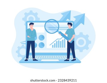 Businessman analyzing graph with magnifying glass trending concept flat illustration