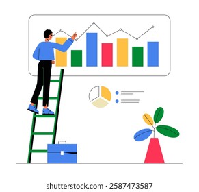 Businessman Analyzing Graph on Ladder in Flat Vector Illustration Symbolizing Growth, Strategy, and Market Analysis, Isolated on White Background