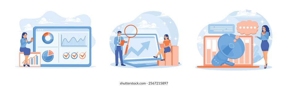 Businessman analyzing graphs and charts. Plan marketing strategies to achieve business goals. Place advertisements on social media. Digital Marketing Concept. Set flat vector illustration.