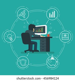 Businessman analyzing graphs on his work desk in the office vector illustration.
