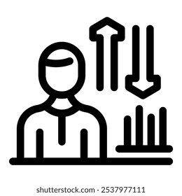 Businessman is analyzing growing and declining arrow charts, symbolizing market trends and business analysis