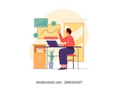 Geschäftsleute analysieren Einkommen mithilfe von Statistik Diagramm Illustration Konzept. Flache Illustration einzeln auf weißem Hintergrund.
