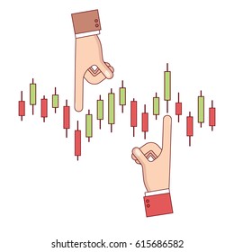 Businessman analyzing index candlestick chart of shares or equity. Business metaphor of financial investment forecasting. Modern flat style thin line vector illustration isolated on white background.