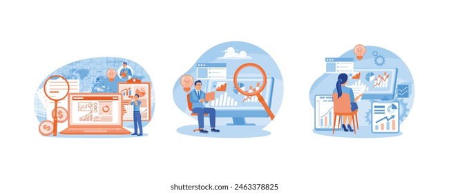 Businessman analyzing infographic charts. Managers study business data. Develop company strategies to increase revenue. Business Intelligence concept. Set flat vector illustration.