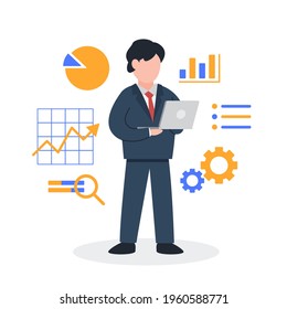 Businessman analyzing information with a laptop. The creative concept idea of business data analysis and marketing. Simple trendy cute vector illustration. Modern and minimal flat style graphic icon.