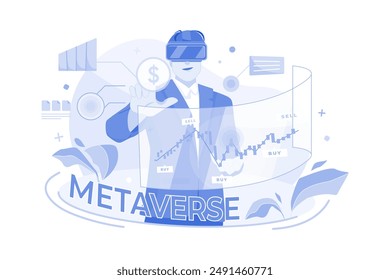 Geschäftsmann analysiert Investitionsdiagramme in der virtuellen Metaverse-Welt.