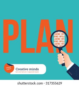 Businessman analyzing with a loupe the ingredients of a plan: intelligence. Vector illustration Eps10 file. Global colors. Text and Texture in separate layers.