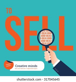 Businessman analyzing with a loupe the word sell good ideas. Vector illustration Eps10 file. Global colors. Text and Texture in separate layers.