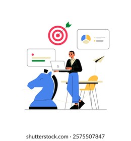 Businessman Analyzing Marketing Data With Chess Knight And Target Board In Flat Vector Illustration Symbolizing Strategic Planning, Decision Making, And Marketing Goals, Isolated On White Background