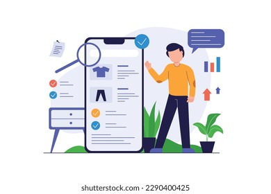 Businessman is analyzing online store business data, modern flat illustration