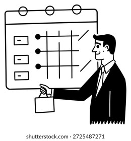 Businessman analyzing project timeline on AI-driven calendar interface, line art vector illustration, minimal business outline, time management and automation concept