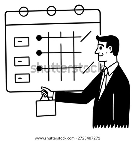 Businessman analyzing project timeline on AI-driven calendar interface, line art vector illustration, minimal business outline, time management and automation concept