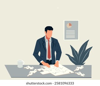 A businessman analyzing puzzle pieces on a desk, symbolizing strategic planning, problem-solving, and innovative thinking in business operations