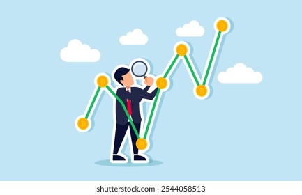 Hombre de negocios que analiza un gráfico de Bitcoin en ascenso con una lupa, ilustración de seguimiento de la evaluación y análisis del progreso de la valoración de la inversión en Bitcoin