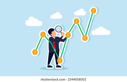 Hombre de negocios que analiza un gráfico de monedas en dólares en alza con una lupa, ilustración de seguimiento, evaluación y análisis de la valoración del dólar o los ingresos comerciales