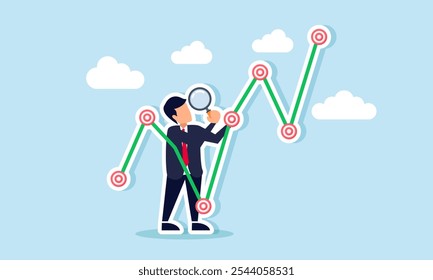businessman analyzing a rising target board chart with a magnifying glass, illustration of monitoring evaluation and analyzing performance progress in achieving business targets