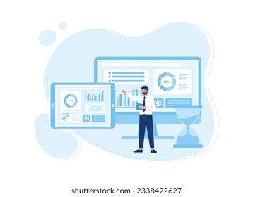 Businessman analyzing sales data deadline with tablet and computer trending concept flat illustration