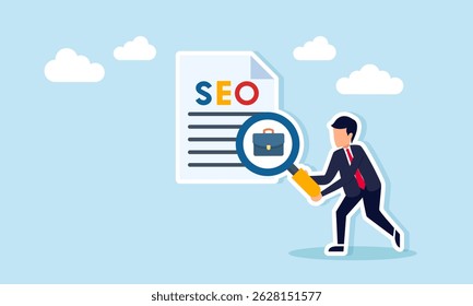 Empresário analisando documento de SEO com lupa perto da maleta ilustração de otimização de site de negócios para melhorar o desempenho
