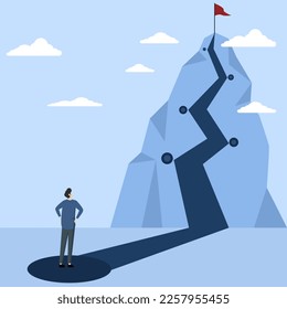Businessman analyzing steps and planning to achieve goals and success, Plans to achieve set goals, Determines work direction for successful ones. flat vector illustration