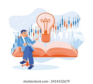 Businessman analyzing stock market or forex trading charts for financial investment. Candlestick chart and open book with light bulbs. Stock Trading concept. Flat vector illustration.