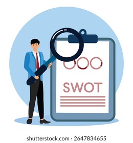A businessman analyzing a SWOT chart using a magnifying glass. Represents professional evaluation, strategic planning, and business growth insights