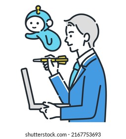 A businessman analyzing targets together with AI.