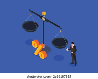 Businessman Analyzing Tax Balance with Percentage Symbol and Scales 3d flat vector illustrations