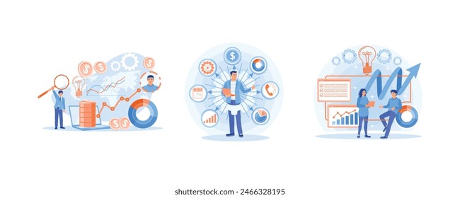 Businessman analyzing trading charts. Improve business strategies. Developing business ideas in the office. Business Intelligence concept. Set flat vector illustration.