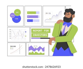 A businessman analyzing various charts and graphs on a report board for investors, showcasing financial data, growth statistics, and investment trends. Business presentations and investment analysis.