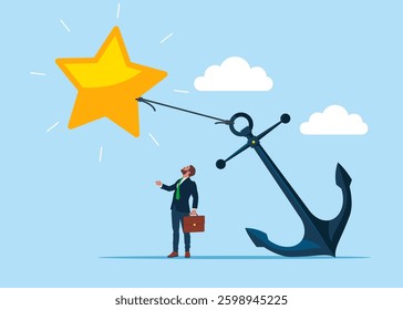 Businessman with anchor pulling the star. Flat vector illustration