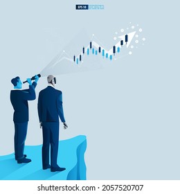 Empresario y personaje robot Android mirando a través del telescopio viendo la visión de éxito con flecha hacia arriba. El gráfico de rendimiento de la inversión de Financial, Return on investment ROI incrementa el concepto de ilustración vectorial de beneficios.