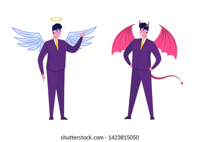 Businessman in angel and demon suit. Vector character illustration