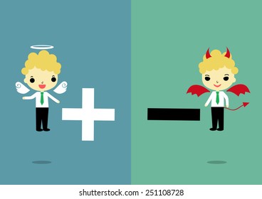businessman in angel and devil form that carry plus and minus smybol on two tone color background. 