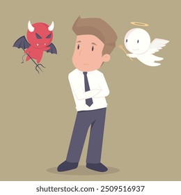 Empresário com anjo e diabo em seus ombros.Desenho animado de sucesso empresarial é o conceito do homem personagens de negócios, o humor das pessoas, pode ser usado como um fundo, banner.illustration vetor