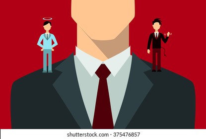 Businessman with angel and devil on his shoulders. svg