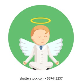 businessman angel meditating in circle background