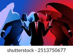 Businessman with an angel on his right and a devil on his left, both whispering persuasive ideas, represents moral dilemmas and internal conflict. Ideal for themes of choosing between right and wrong