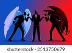 Businessman with an angel on his right and a devil on his left, both whispering persuasive ideas, represents moral dilemmas and internal conflict. Ideal for themes of choosing between right and wrong