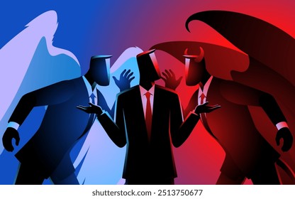 Businessman with an angel on his right and a devil on his left, both whispering persuasive ideas, represents moral dilemmas and internal conflict. Ideal for themes of choosing between right and wrong