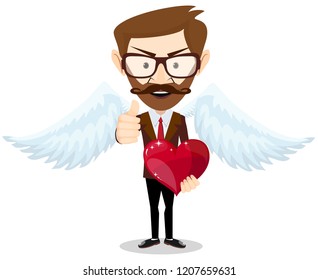Businessman angel and Red Heart, Vector Illustration